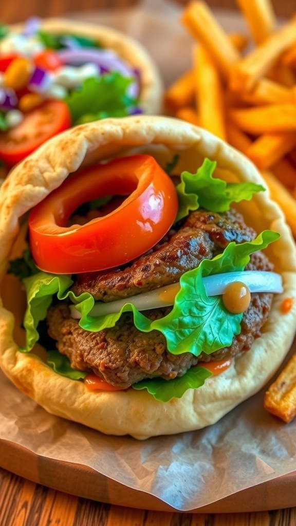 A pita bread hamburger with beef patty, lettuce, tomato, and onion, served with a side of salad and fries.